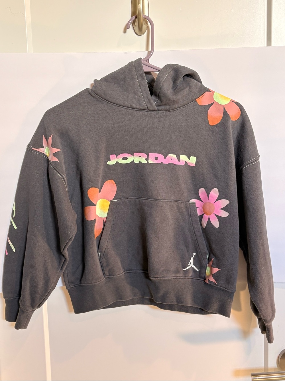 Jordan Kids' Charcoal Hoodie with Pastel Floral Graphics